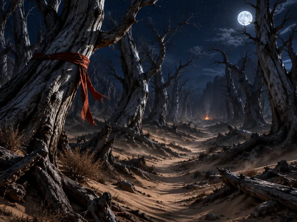 Hutan populus mati berbatang perak terpilin di bawah bulan purnama, jalan pasir sempit menuju cahaya api unggun, kain merah terikat di satu batang